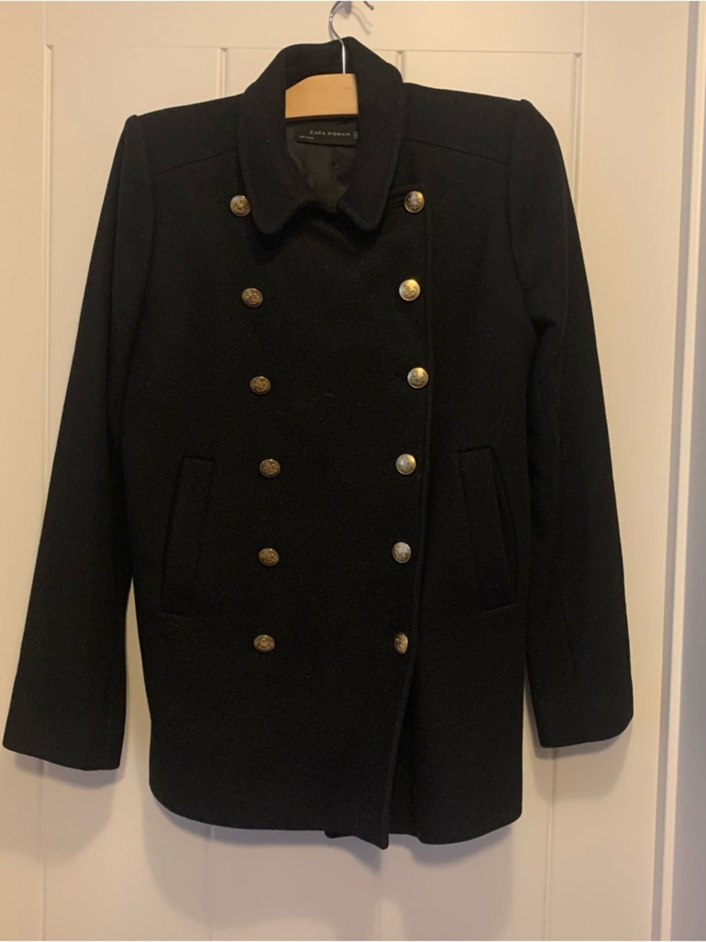 Zara Black Double-Breasted Wool Pea Coat with Gold Buttons
